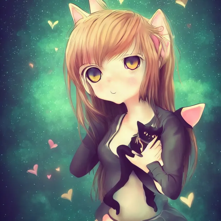 Image similar to cute, full body, female, anime style, a cat girl with fairy wings, large eyes, beautiful lighting, sharp focus, simple background, creative, heart effects, filters applied, illustration