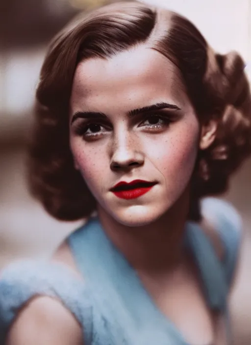 Prompt: Retro color photography 1940s portrait Hollywood headshot of Emma Watson Cinestill 800T, 1/2 pro mist filter, and 65mm 1.5x anamorphic lens