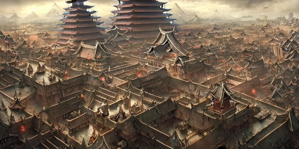 Image similar to a beautiful and insanely detailed matte painting of an advanced sprawling medieval civilization with surreal japanese architecture designed by akihiko yoshida!, whimsical!!, epic scale, intricate details, sense of awe, elite, fantasy realism, complex layered composition!!