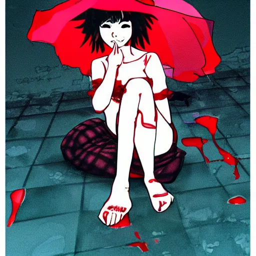 Image similar to a beautiful woman covered in blood smiling at the camera. Anime in the style of hisao shirai and Satoshi Kon. In the style of perfect blue