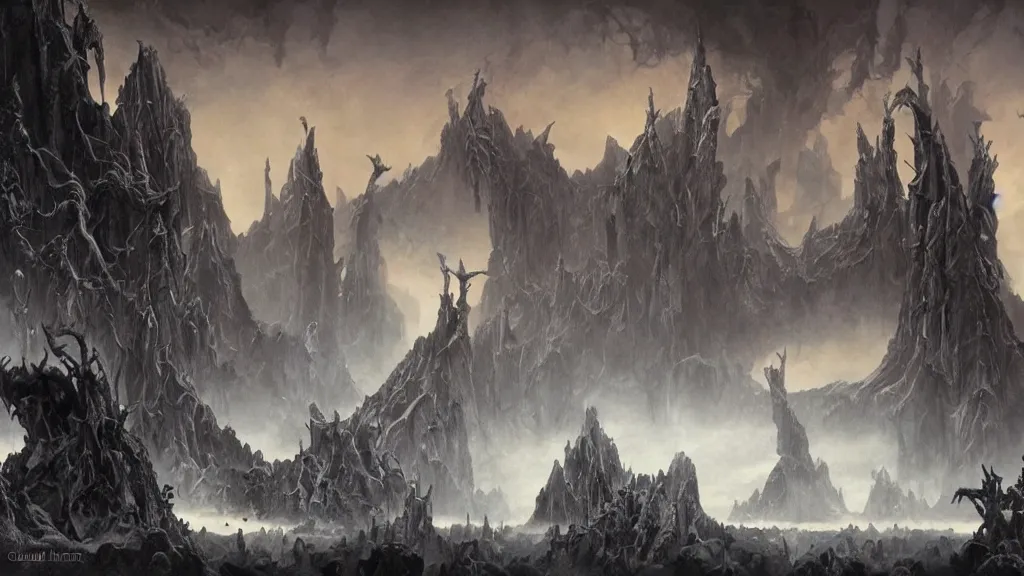 Prompt: eerie atmospheric otherworldly planet by gerald brom and glenn barr, epic cinematic matte painting