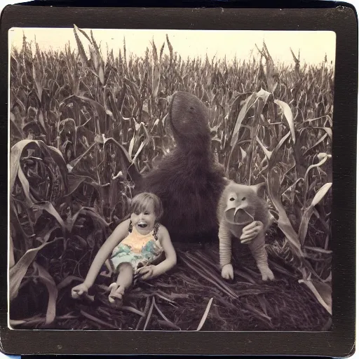 Image similar to old polaroid of an family picnic with a weird creature in a corn field