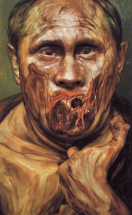 Prompt: Putin devouring used diapers covered in brown substance, Putin portrait, brown liquid dripping down mouth, face of fear, ugly body painted by Lucian Freud, Ilya Repin