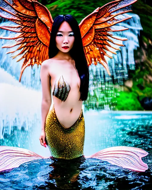 Prompt: medium closeup shot from below, flash long exposure photography of asian mermaid with wings fashion posing in the lake, sharp focus, waterfall, high details, conecpt art, digital art,