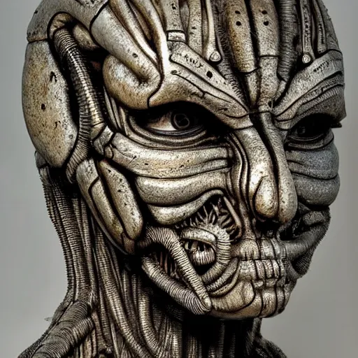 Image similar to cognitive optical illusion in the style of h.r. giger, sculpture, metal