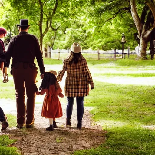 Prompt: a family walking through a park, set in a steampunk world