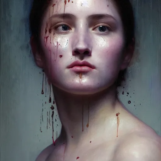 Image similar to hyperrealistic oil painting of woman, oil paint drips, dim volumetric lighting, 8 k octane beautifully detailed render, post - processing, portrait, extremely hyper - detailed, intricate, epic composition, cinematic lighting, masterpiece, by william - adolphe bouguereau, trending on artstation, very very detailed, masterpiece, stunning,