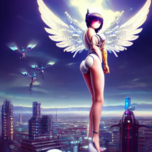 Image similar to cute endowed cyborg - angel girl with large angelic wings standing on the edge of a rooftop overlooking a floating city, left eye gold and right eye silver, biomechanical details, bionic cyborg implants, digital cyberpunk - anime art, full body shot, reflections, lens flare, wlop, ilya kuvshinov, artgerm, krenz cushart, greg rutkowski