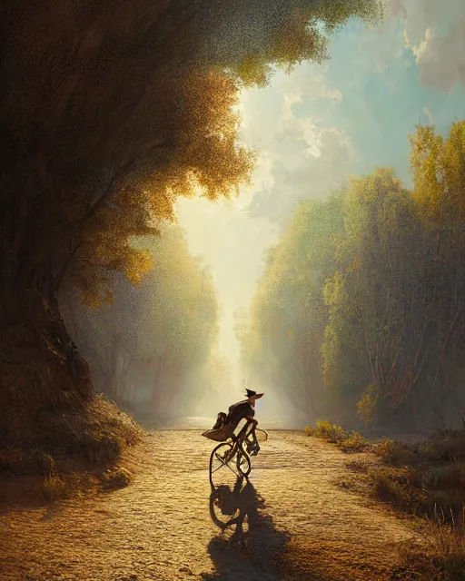 Prompt: a painting of a person riding a bike down a dirt road, a detailed matte painting by julian onderdonk, cgsociety, photorealism, reimagined by industrial light and magic, unreal engine 5, unreal engine