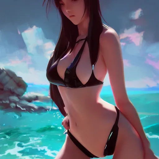 Image similar to cgsociety, by wlop, ilya kuvshinov, krenz cushart, greg rutkowski, trending on artstation. anime girl wearing latex bikini. cinematic dramatic atmosphere, sharp focus, volumetric lighting.