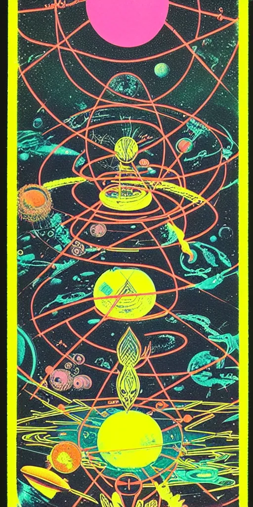 Image similar to 1968 science fiction tarot card, cut out collage, neon Aztec, spring on Saturn, epic theater, deep sea, mountain plants, drawings in part by moebius, part by Ernst Haekl, text by William S Boroughs, written by Michael Ende