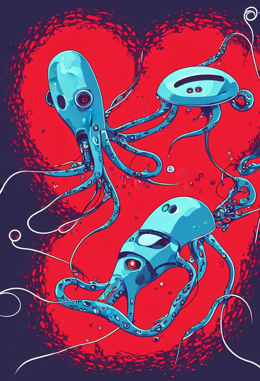 Image similar to a robot squid floats swims through a cloud of blood, concert poster for band named fingers, vector art, 8 k, highly detailed illustration