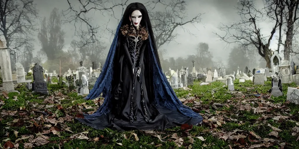 Image similar to photo taken of an epic intricate, ultra detailed, super realistic stop motion puppet of a majestic gracious regal aristocratic brunette female vampires in a graveyard filmset created by weta workshop and tim burton, menacing, wide angle, moody night time shots, photorealistic, sharp focus, gloomy, extremely cold blueish colour temperature, 3 5 mm, f 1. 4