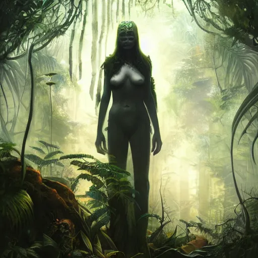 Prompt: a hyperrealistic illustration of a dark figure in a jungle, Jungle with fractal sunlight, award-winning, masterpiece, in the style of Tom Bagshaw, Cedric Peyravernay, Peter Mohrbacher