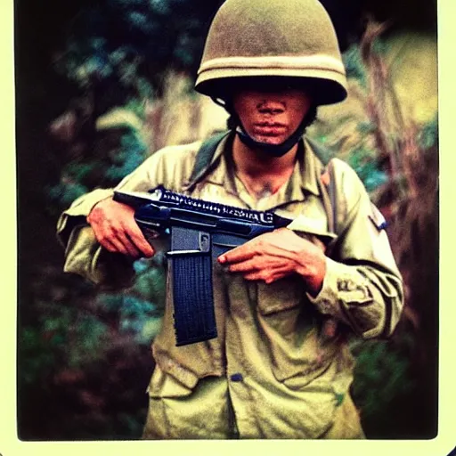 Prompt: “ a hamster holding an m 1 6, portrait, vietnam war photograph, polaroid ”