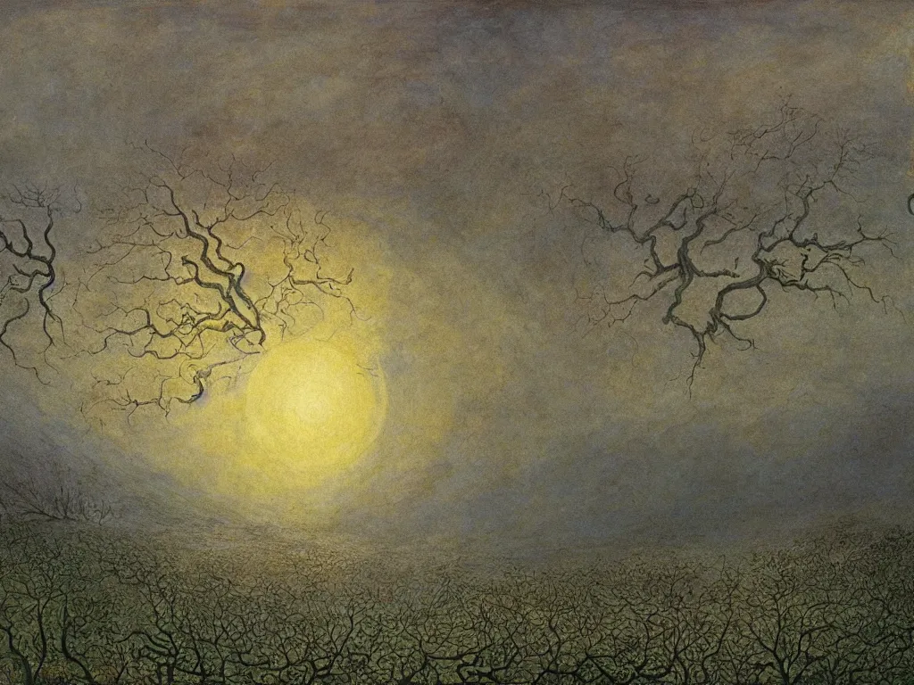 Prompt: Landscape of the brain, fog, harsh golden light, Fata Morgana, etheric iridescent spring. Painting by Caspar David Friedrich, Ernst Haeckel, William Blake