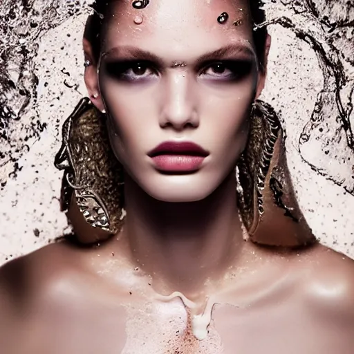 Prompt: close up of face of fashion model, splashed with milk, official versace editorial, highly detailed