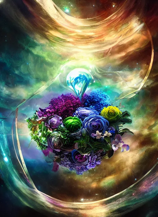 Image similar to An epic fantastic realism comic book style painting of the most beautiful spiraling entwined flowers launched exquisitely across the dark spinning universe, floating bouquets, fisheye, perfect shiny iridescent silver spheres, unreal 5, DAZ, hyperrealistic, octane render, dynamic lighting