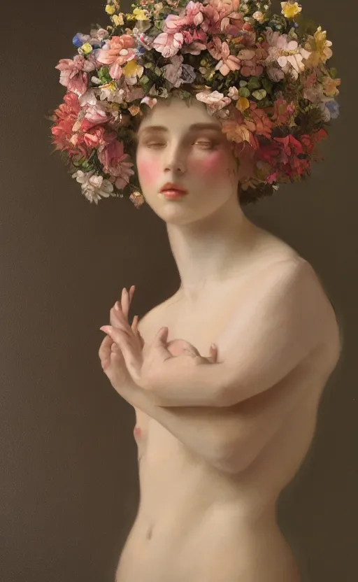 Image similar to a oil painting of a beautiful woman on a white background, flowers, painted by mucha, floral headdress, 8 k resolution, octane render, trending on artstation, volumetric light