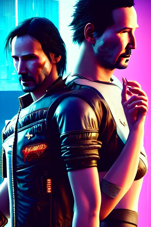 Image similar to cyberpunk 2077 couple portrait of Keanu Reeves and V in love story, fantasy, captivating dynamic facial expression, intricate, elegant, dramatic lighting, emotionally evoking symbolic metaphor, highly detailed, lifelike, photorealistic, digital painting, artstation, concept art, smooth, sharp focus, illustration, art by John Collier and Albert Aublet and Krenz Cushart and Artem Demura and Alphonse Mucha