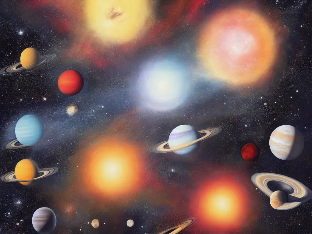 Image similar to A beautiful painting of five planets by Gioele Muscolino and Daniel Oxford, five planets that are black, white, yellow, red, and blue, behind the galaxy and the universe, Trending on artstation, By Emmanuel Lubezki