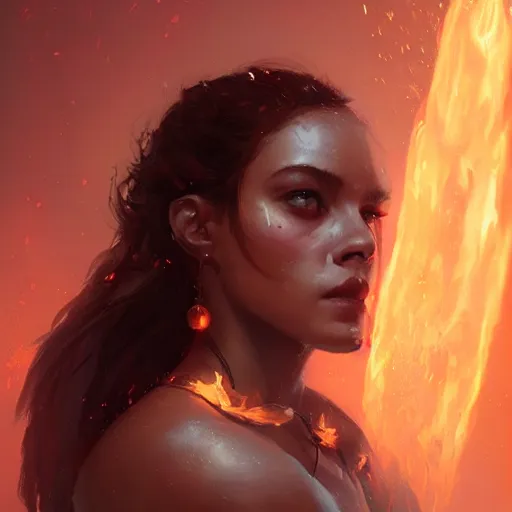 Image similar to a beautiful portrait of a fire goddess by greg rutkowski and raymond swanland, trending on artstation, flaming background, ultra realistic digital art