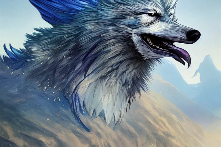 Image similar to Blue feathered wolf with wings on a beautiful fantasy landscape, hills, mountains, moonlit, HD, illustration, epic, D&D, fantasy, intricate, elegant, highly detailed, digital painting, artstation, concept art, smooth, sharp focus, illustration, wallpaper, art by artgerm and greg rutkowski and alphonse mucha and jin xiaodi