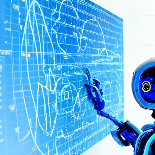 Image similar to A robot solving partial differential equations on a blue board