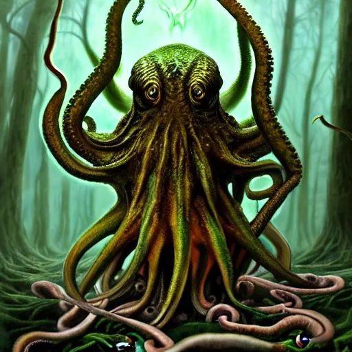 Prompt: cthulhu octopus frog sitting on mushroom, full body shot, highly detailed, forest, digital painting, concept art, sharp focus, illustration, masterpiece, matte painting, glorious, unsettling, by lovecraft and greg rutkowski, luis royo and wayne barlowe, keith parkinson and greg rutkowski and tim hildebrandt, artstation