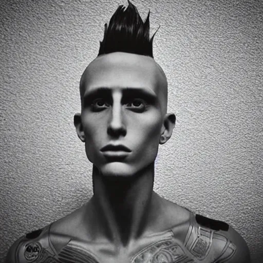 Image similar to “a realistic detailed photo of a guy who is an attractive humanoid who is half robot and half humanoid, who is a male android, rapper Machine Gun Kelly, shiny skin, posing like a statue, blank stare”