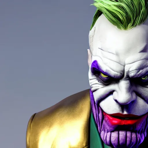 Image similar to thanos cosplaying as joker, octane render, unreal engine 5, high quality, highly detailed, close up photo, 8 k