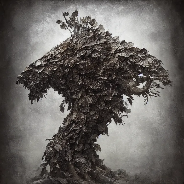 Image similar to powdery blurry old tintype photography of realistic armoured tree made of leaves, dramatic light, dystopian environment, intricate, elegant, highly detailed, centered headdress, artstation, sharp focus, artgerm, tomasz alen kopera, peter mohrbacher, donato giancola, joseph christian leyendecker, wlop, boris vallejo, frank frazetta