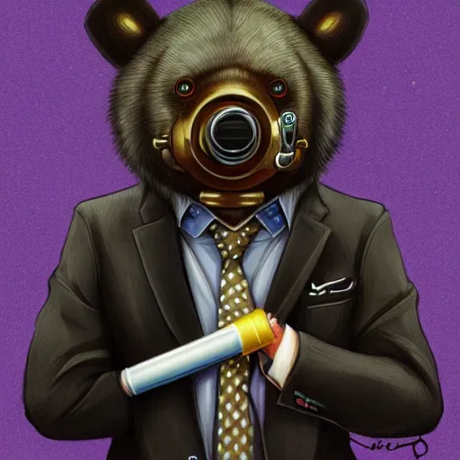 Image similar to a black bear wearing a suit and tie with a cigarette in his mouth, cyberpunk art by Cyril Rolando, featured on deviantart, furry art, furaffinity, smokey background, digital painting