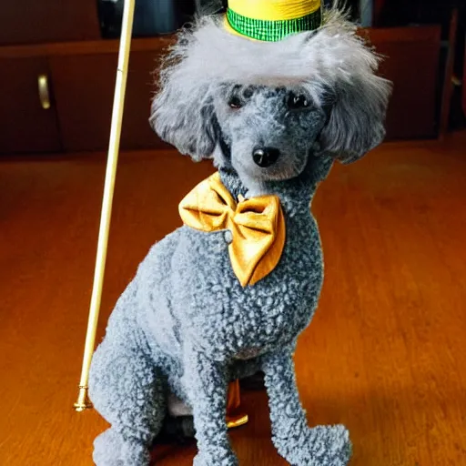 Prompt: cartoon dapper gray poodle in a top hat and bow tie holding a cane