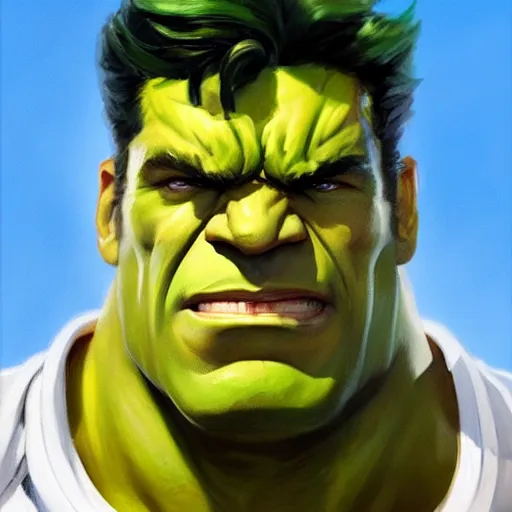 Image similar to Greg Manchess portrait painting of the Hulk as Overwatch character, medium shot, asymmetrical, profile picture, Organic Painting, sunny day, Matte Painting, bold shapes, hard edges, street art, trending on artstation, by Huang Guangjian and Gil Elvgren and Sachin Teng