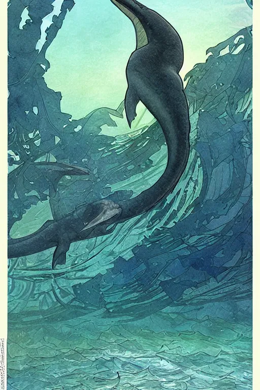 Image similar to a plesiosaur swimming in kelp in sinister green and blue lake, water color, art by artgerm and greg rutkowski and alphonse mucha and jin xiaodi and anthony devine