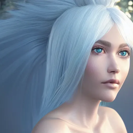 Image similar to “hyperrealistic ultra detailed unreal engine 5 RTX raytracing nvidia hairworks photorealistic portrait of beautiful girl with blue eyes and white hair. She is in heavens garden”