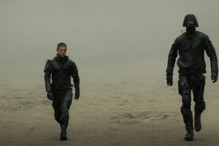 Prompt: still from bladerunner 2049 (2017) man wearing black tactical gear armor. mountain in background ((obscured by fog)) volumetric raining. green hill. Cyberpunk soldier holding rifle intimidating, reflective visor, emissive details. dark low exposure overcast skies. Cybernetic arm robotic arm metal reflective.