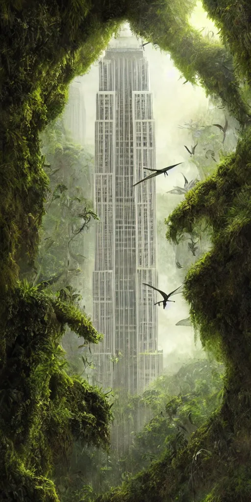 Prompt: an epic view of vines and moss growing on the empire state building, moss, jungle, with pterosaurs flying, close - up, low angle, wide angle, atmospheric, volumetric lighting, cinematic, very realistic, sharp, highly detailed digital art, painted by craig mullins