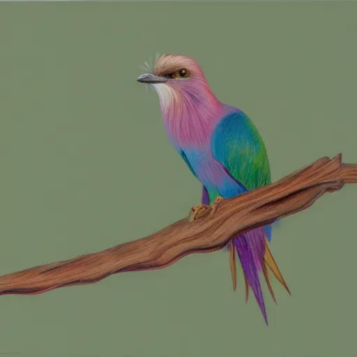 Image similar to a color pencil drawing of an lilac - breasted roller - eater by natalia rojas and ana maria martinez jaramillo, pastel color, wingspan, high quality, artstation, 4 k, realism, ultra realistic, fine art, white background, professionnal work