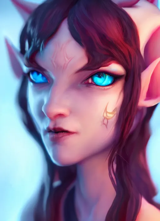 Image similar to imp demon goddess, cute elf ears, strapless dress, character portrait in the style of thomas river and artgerm, cinematic lighting, hyperdetailed, 8 k realistic, symmetrical, global illumination, radiant light,, frostbite 3 engine, cryengine, dof, trending on artstation, digital art, chanel