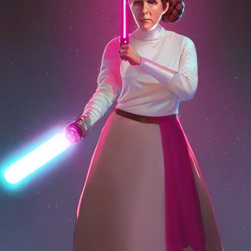 Image similar to Young Carrie Fisher as Princess Leia wielding a fuchsia light saber, ambient lighting, 4k, alphonse mucha, lois van baarle, ilya kuvshinov, rossdraws, artstation