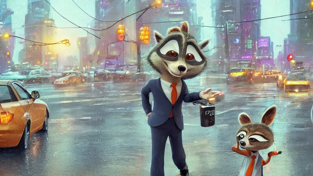 Image similar to A cute anthropomorphic raccoon businessman is walking down a busy crosswalk at in the rain at night, warm lighting with an orange glow blanketing the cityscape from the city lights, zootopia, other anthropomorphic characters are walking by him, extremely detailed, HDR, sideview, solemn and moody, many cars and animal people in the background, detailed face and eyes, large eyes with visible pupils, the road is wet with many rain puddles, reflections from the water on the ground, he is carrying a black briefcase