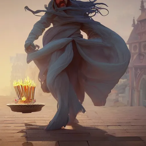 Image similar to a yound deshelved wizard with crazy hair blowing out his birthday candles, art by artgerm and greg rutkowski and alphonse mucha, concept art, octane render, unreal engine 5, highly detailed, high quality, 8 k, soft lighting, realistic face, path traced