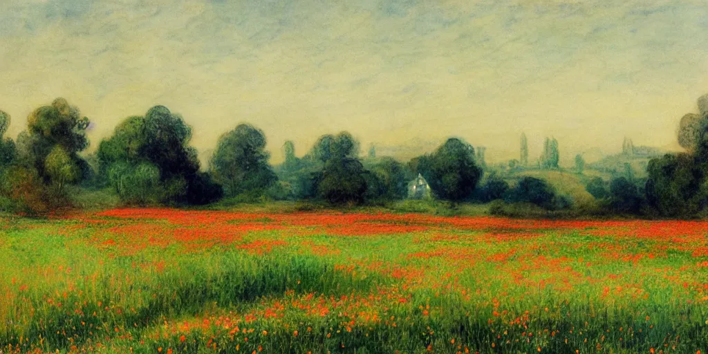 Prompt: a hiper intricate watercolor of a beatifull serene field with some trees and poppys little village in the background, extremely detailed, sharp focus, wide view, smooth, digital illustration, colorfull, by william turner art, by greg rutowski, by monet, by carl larson, by edmund dulac
