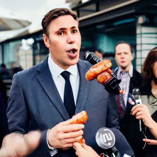 Prompt: a serious news reporter with symmetric face holding a frankfurter sausage in his hand, close to his face, sausage as microphone, breaking news