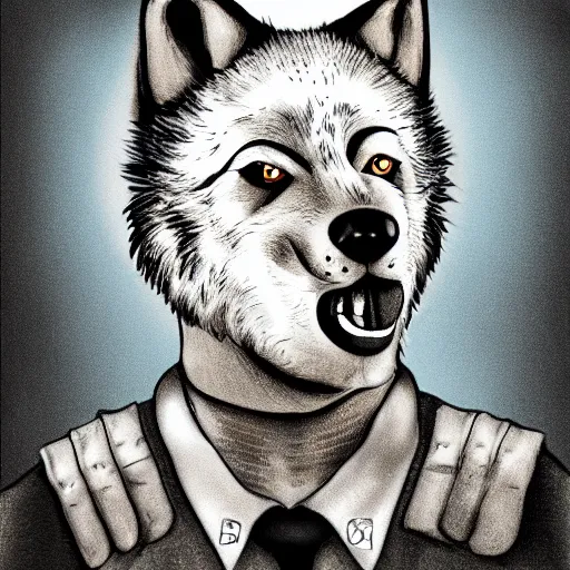 Image similar to portrait of retarded wolf, propaganda style