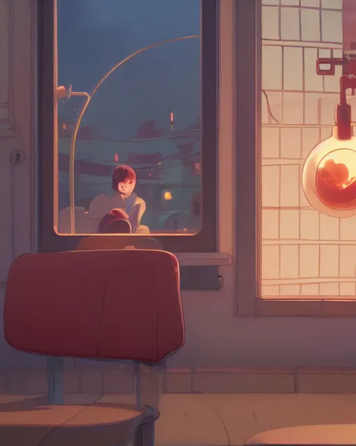 Image similar to seen through a window, diner, detailed, cory loftis, james gilleard, atey ghailan, makoto shinkai, goro fujita, studio ghibli, rim light, exquisite lighting, clear focus, very coherent, plain background, soft painting