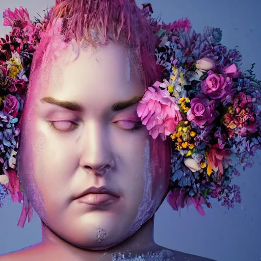 Prompt: the huge fat woman's head is on the in the closet, covered with ice and flowers. medium shot. beautiful colors, great lighting. fantastic movie scene. subsurface scattering shiny skin. beautiful lighting, 4 k post - processing, trending in art station, cg society, highly detailed, 5 k extremely detailed, 3 d. cinematic scene. sharp image.