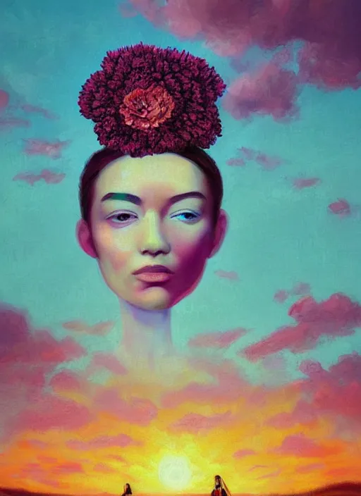 Image similar to portrait of a woman, face made of giant carnation, flower field, surreal photography, sunset dramatic light, impressionist painting, colorful clouds, large sky, digital painting, artstation, simon stalenhag